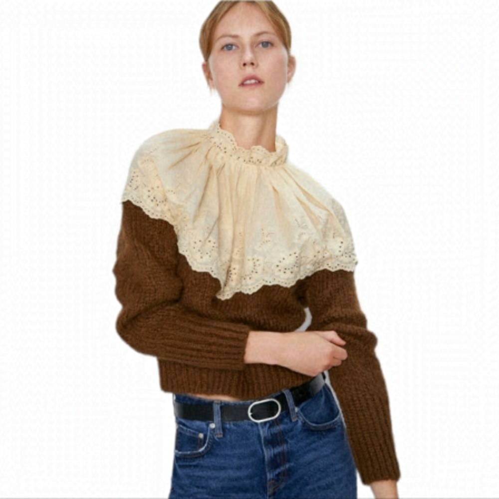 ZARA Contrasting embroidery lace knit sweater brown beige Small @L1